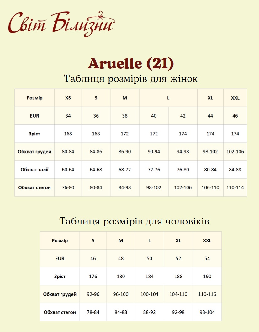 Aruelle підбираємо розмір за зростом, обхватом грудей, талії, стегон