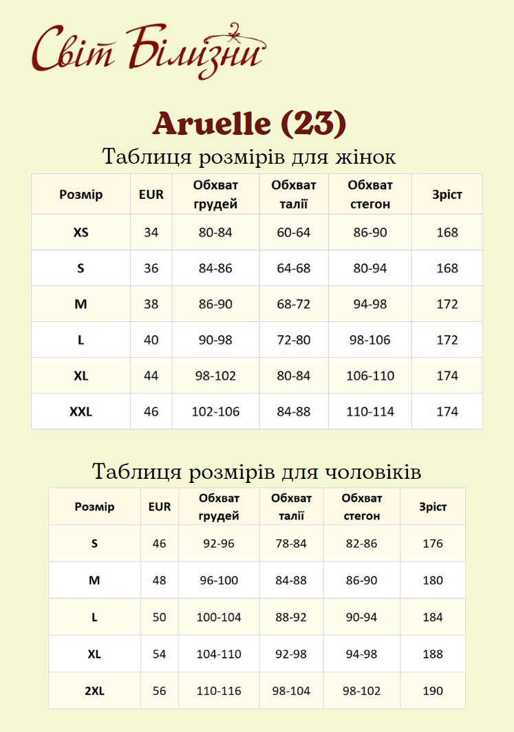 Aruelle підбираємо розмір за зростом, обхватом грудей, талії, стегон