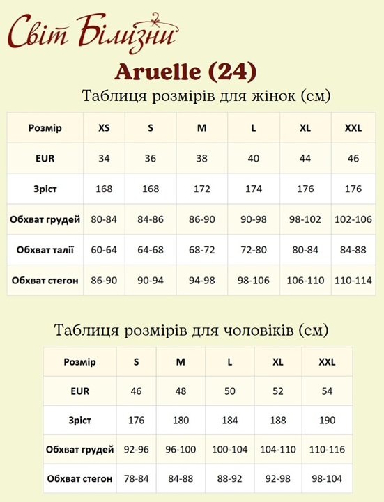Aruelle підбираємо розмір за зростом, обхватом грудей, талії, стегон