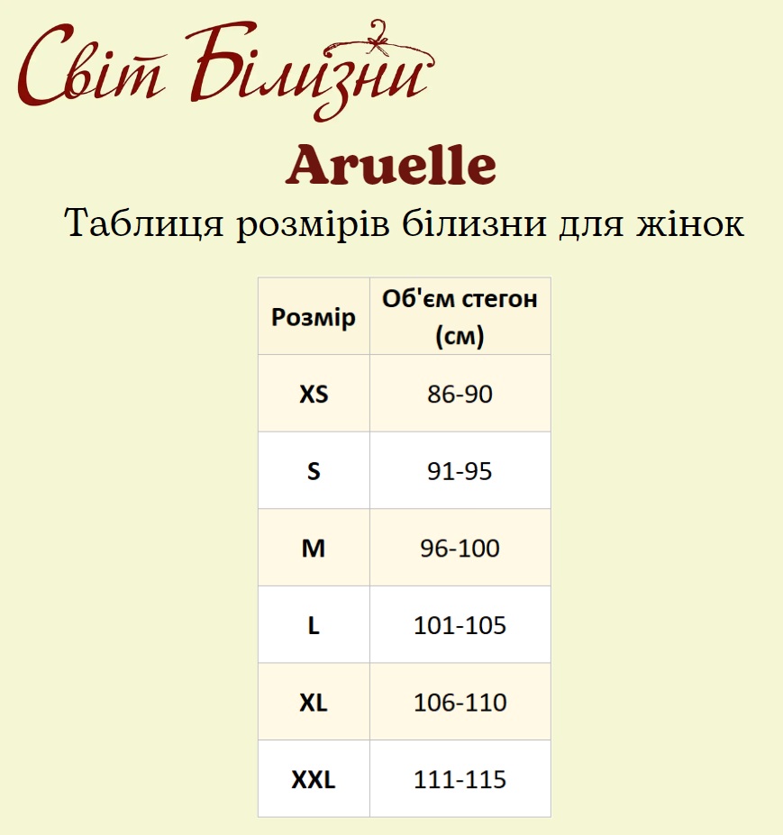 Aruelle 
 таблиця розмірів нижньої білизни
