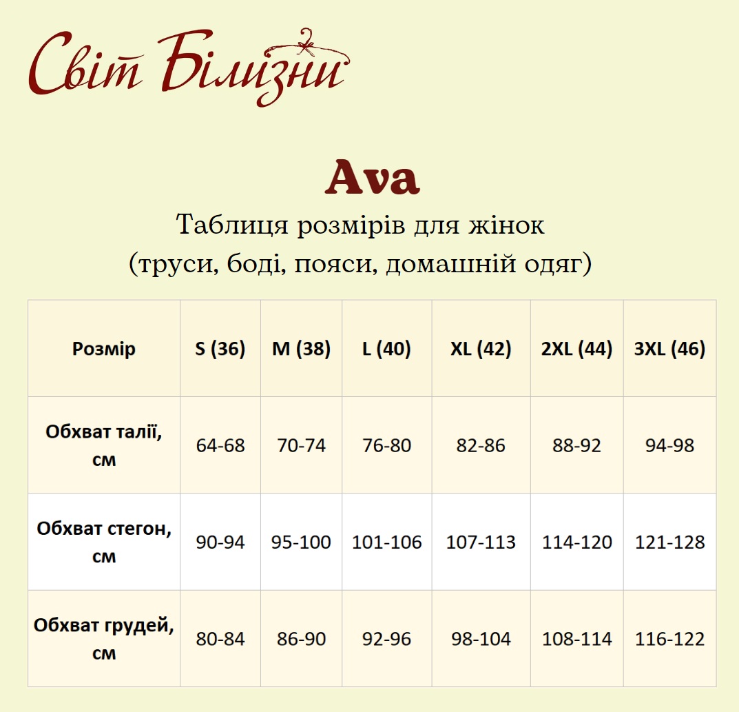 Ava труси підбираємо розмір за обхватом грудей, талії та стегон