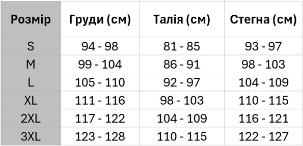 Impetus підбираємо розмір за обхватом грудей, талії, та стегон
